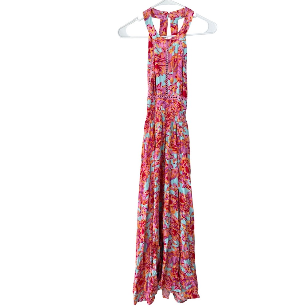 ABEL THE LABEL Maxi Dress Rumi Floral Halter Neck Smocked Waist Open Back Flowy